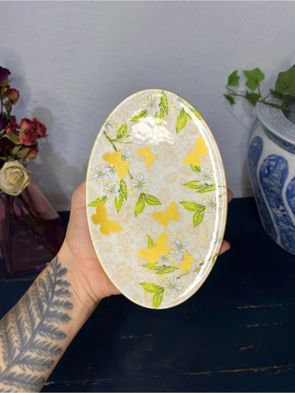 Butterfly Flowers Trinket Ring Jewelry Soap Dish Made in Portugal Cottagecore